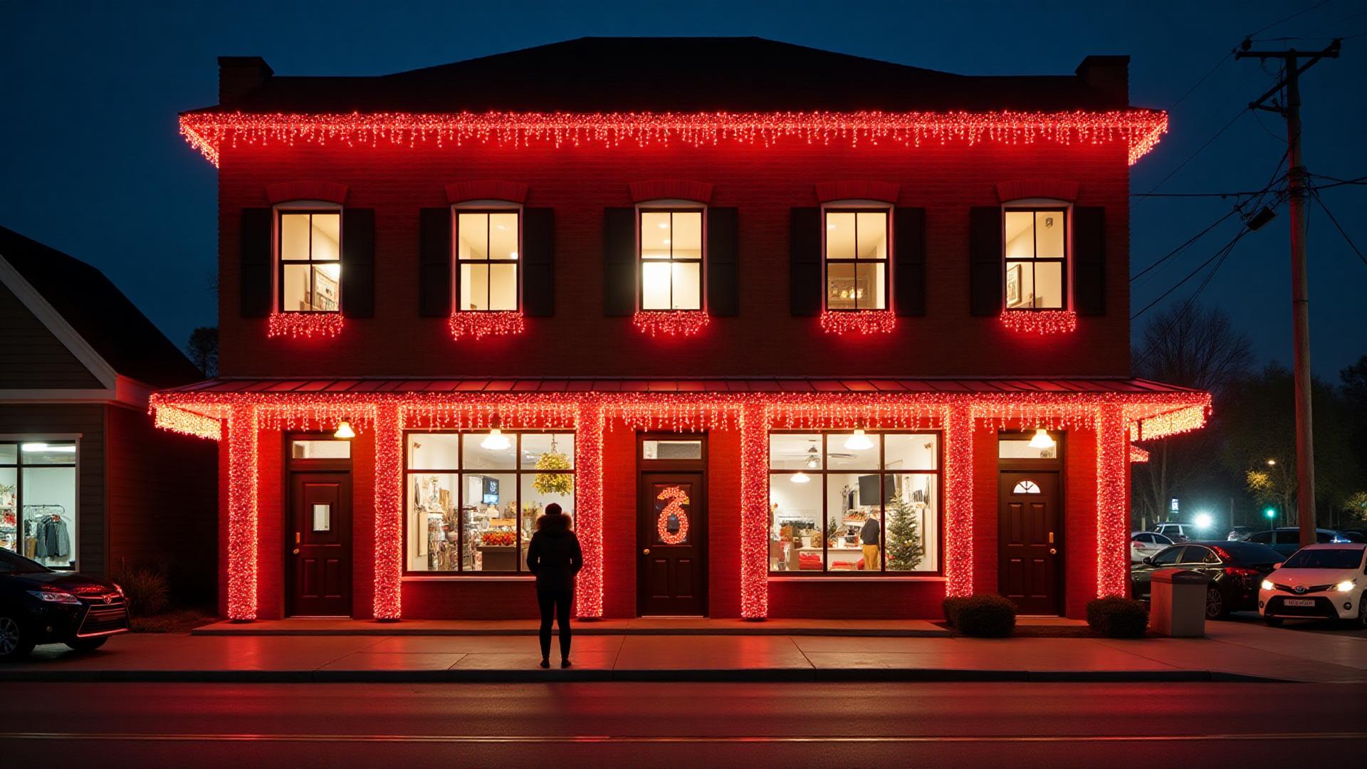 Storefront holiday lighting Commercial Christmas light installation display with holiday lighting around a storefront from our Front Range portfolio
