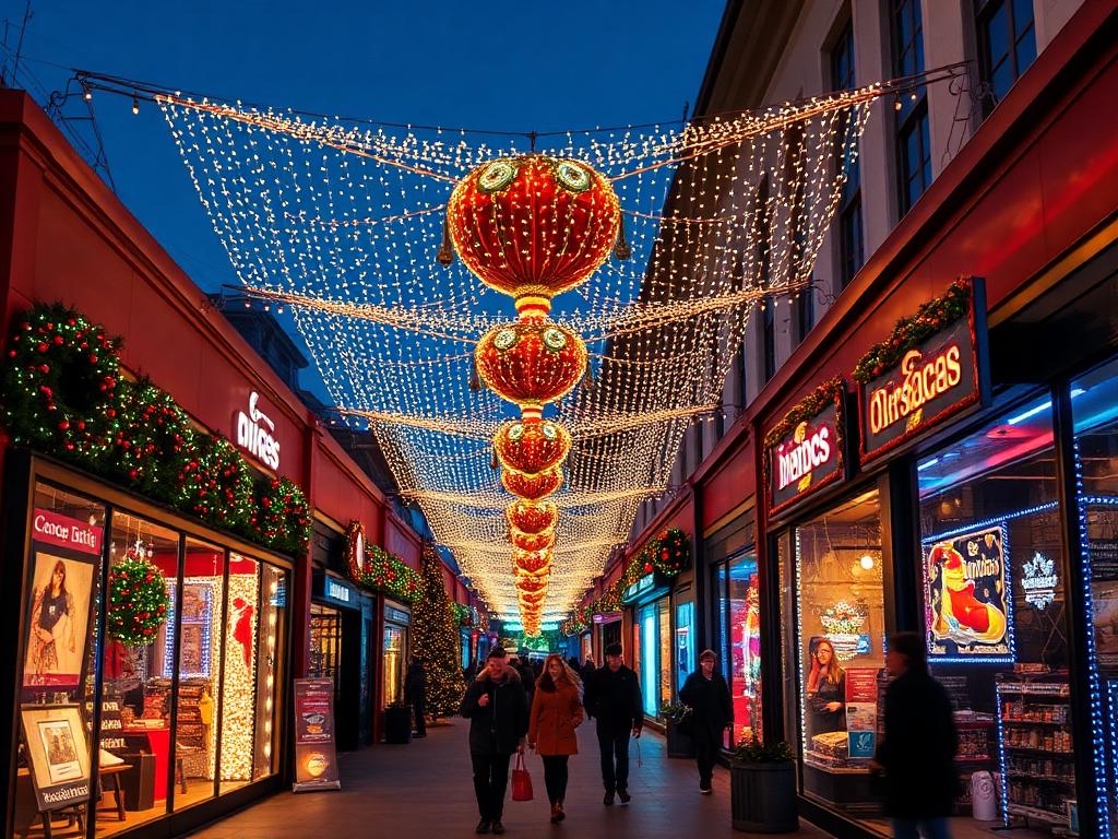 Shopping center lighting Shopping center holiday lighting display for commercial Christmas light installation from our Front Range portfolio